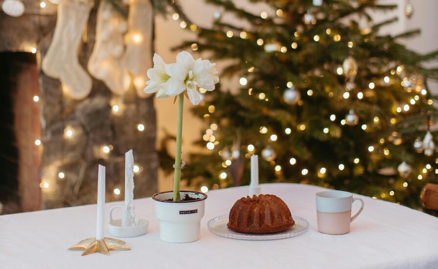 Weiße Amaryllis auf einem Tisch mit Kuchen und Kerzen vor einem Weihnachtsbaum und Kamin